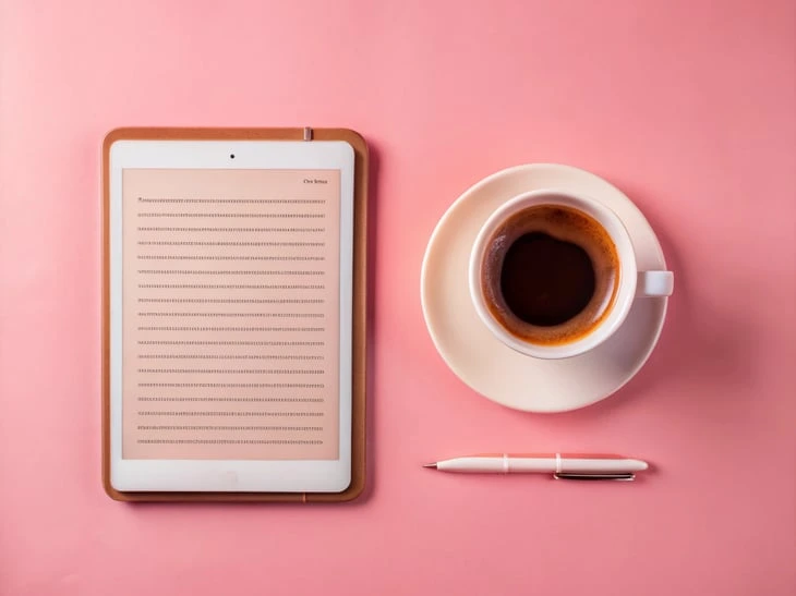 A neatly arranged desk with an eBook open on a tablet, surrounded by notes and a cup of coffee. The scene is warm and inviting, suggesting a productive learning experience.